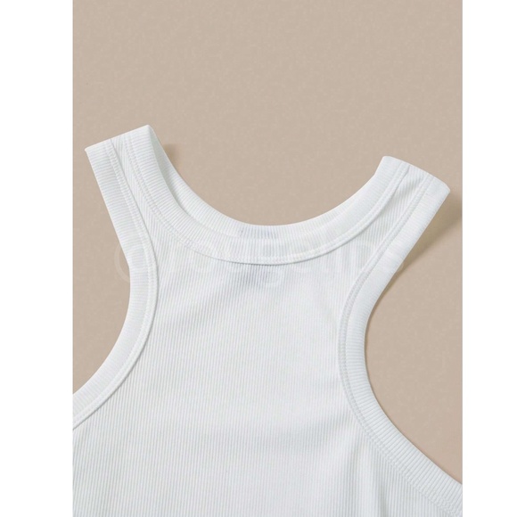 White Rib Knit Racer Back Front Casual Basic Tank Top Shirt - Picture 6 of 9
